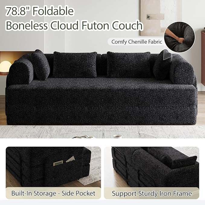 78.7 Chenille 4-in-1 Folding Convertible Sofa Bed Boneless Couches with 4 Pillows &amp Convenient Side Pockets Comfy Foldable Compressed Sofa in Box Floor Sofa Lounge Couch for Living Room(Black)