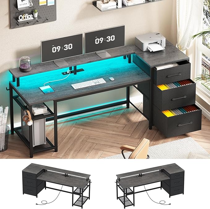 SEDETA 59 Office Desk with File Drawers Reversible Computer Gaming Desk with Storage LED Lights &amp Power Outlet Home Office Desks for Printer Grey