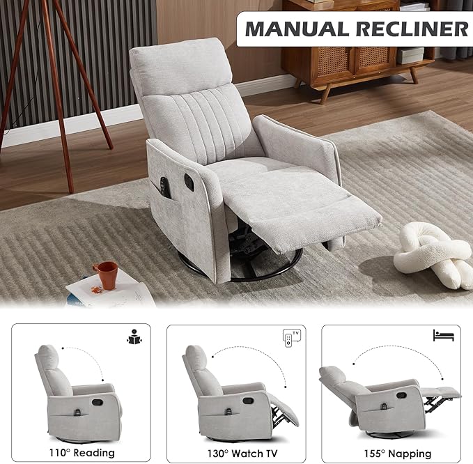 Swivel Rocker Recliner Chair 360° Swivel Recliner with Heat and Massage Rocker Recliner Nursery Glider Chair with Side Pockets for Living Room (Light Grey Fabric)
