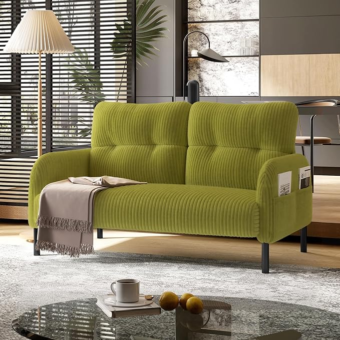 48 Small Loveseat Sofa for Small Space Corduroy Love Seat Couches with Black LegsComfy Couchs for Living Room Bedroom Apartment OfficeMid Century Modern Couch (Olive Green)