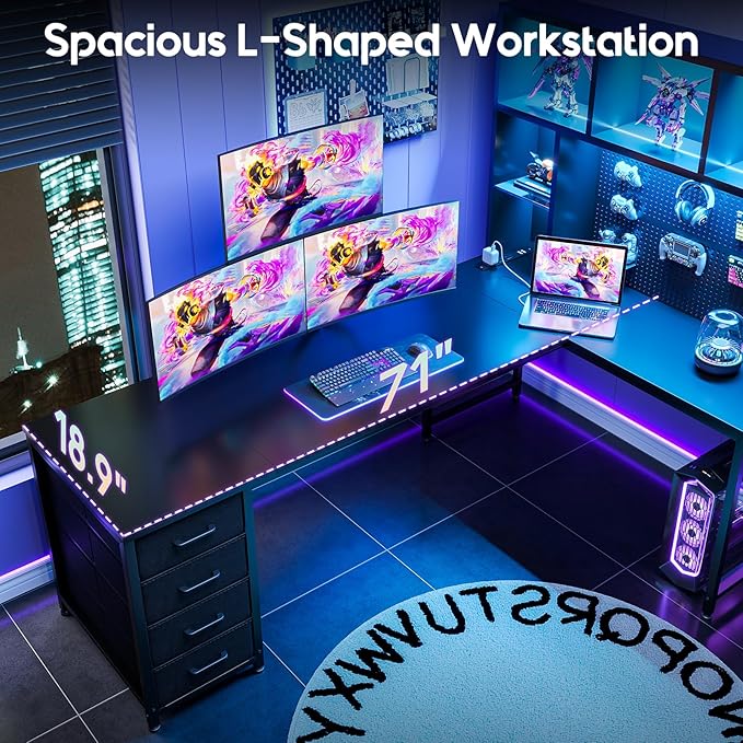 AODK 71 L Shaped Gaming Desk with Hutch Pegboard &amp Shelves L Shaped Desk with 4 Drawers Integrated LED Light Strip &amp Power Outlets Reversible PC Gaming Computer Desk Black