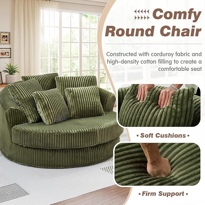 61-inch Boneless Round Chair Circle Corduroy Memory Foam Upholstered Chaise Lounge Indoor Comfy Reading Accent Deep Seat Sofa Chair for Living Room Bedroom Office No Assembly Required Green