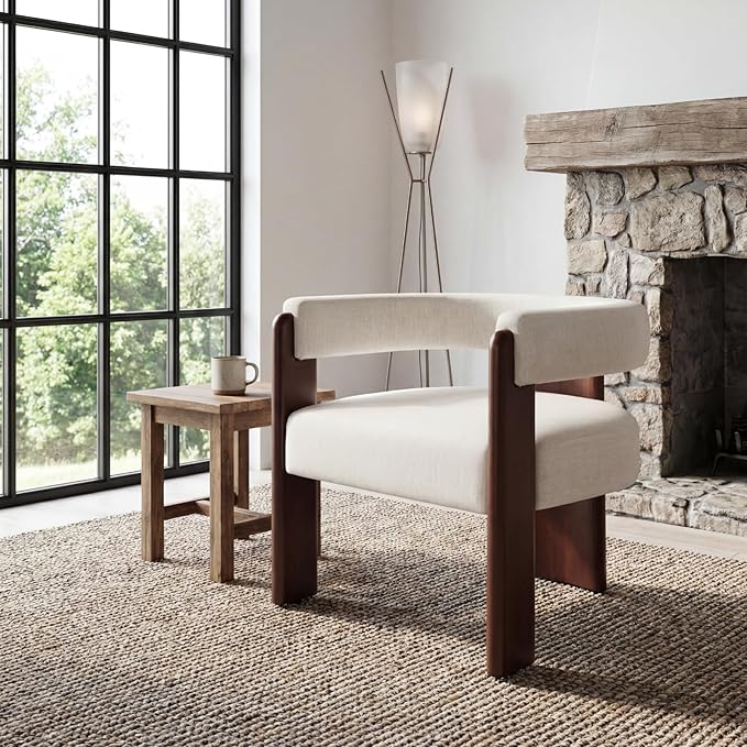 Modern Barrel Accent Chair Cozy Upholstered Beige Linen Living Room Chair for Bedroom Walnut Wood Frame Low Back Armchair Vintage Lounge Reading Chair for Apartment Waiting Room Office