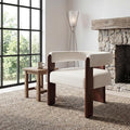 Modern Barrel Accent Chair Cozy Upholstered Beige Linen Living Room Chair for Bedroom Walnut Wood Frame Low Back Armchair Vintage Lounge Reading Chair for Apartment Waiting Room Office