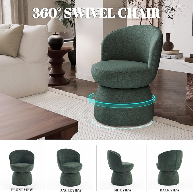 Rowill 360 Degree Swivel Accent Chair Set of 2 Modern Green Barrel Chairs Boucle Fabric Upholstered Comfy Chair for Living Room Bedroom Dining Room Reading Nook