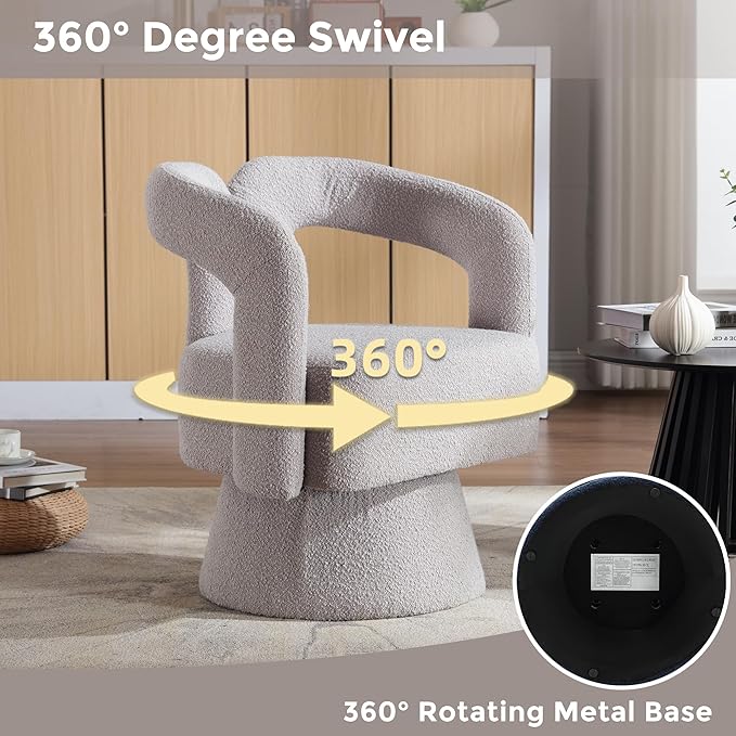 360 Degree Swivel Cuddle Barrel Accent Chairs Round Armchairs with Wide Upholstered Fluffy Fabric Chair for Living Room Bedroom Office Waiting Rooms (Light Gray Boucle) KO385