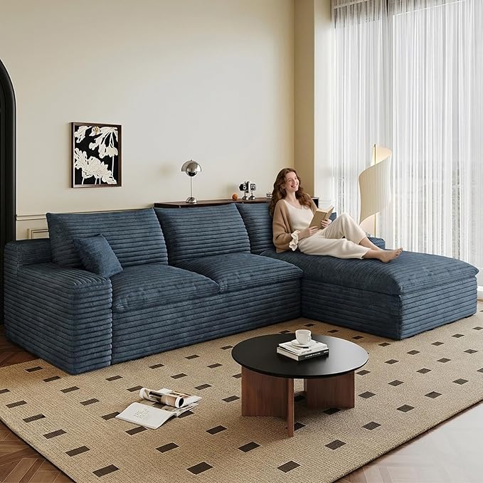 107 Cloud Sectional Couch L-Shaped Chaise Corduroy Boneless Couch for Living Room Bedroom Deep-Seat Upholstered Modular Cloud Sofa No Assembly Required (Blue Right Facing Chaise)