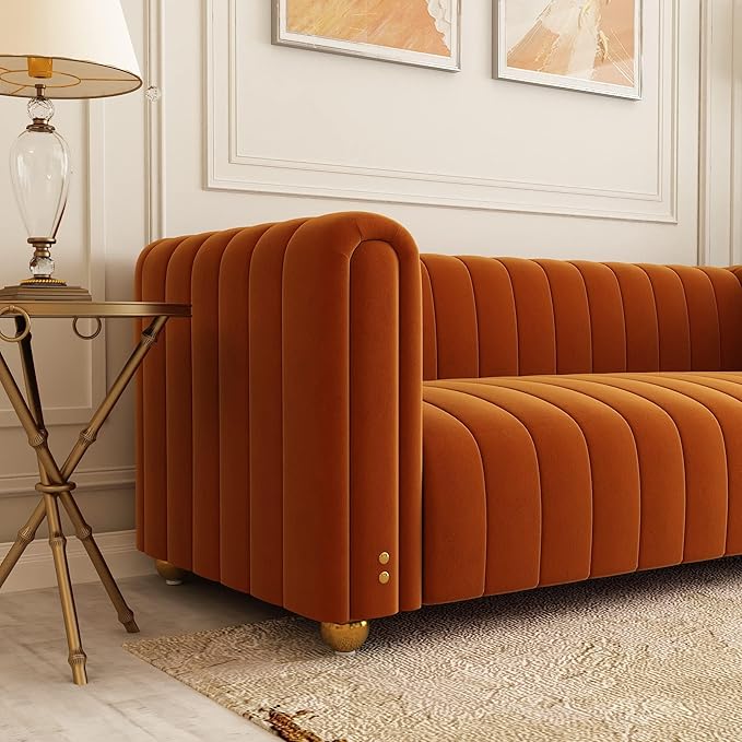 81 Orange Velvet Sofa Mid Century Modern Couch for 3 Person Chesterfield Tufted Velvet Couches for Living Room Apartment Bedroom Office
