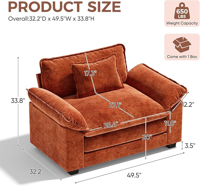 HUSFU Oversized Accent Chair 49.5'' W Chenille Cloud Sofa Chair with Deep Seat and Extra Wide Armrests Comfy Reading Armchair for Bedroom Living Room Terracotta Orange