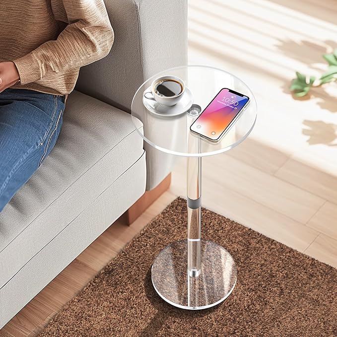 9.8 Round Clear Acrylic End Table - Modern Small Space Side Table for Living Room Bedroom Office Outdoor | Sturdy Easy to Install Multi-Purpose