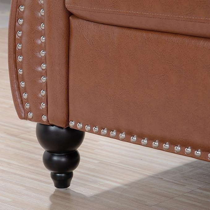 GDFStudio 85 Tufted Button Chesterfield Sofa with Deep Seat Cushions Rolled Arms &amp Gold Accent Strip Midcentury Modern 3-Seater Upholstered Sofa Couch for Living Room Classic Furniture Brown