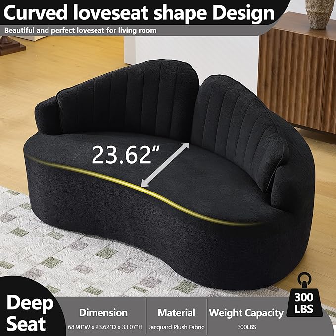 69”Curved Loveseat Sofa for Living Room Deep Seat Love Seat Couch with 2 High Back Modern Loveseat Adopt Jacquard Plush Fabric Suitable Small Spaces The Cloud Loveseat No Assembly Needed Black