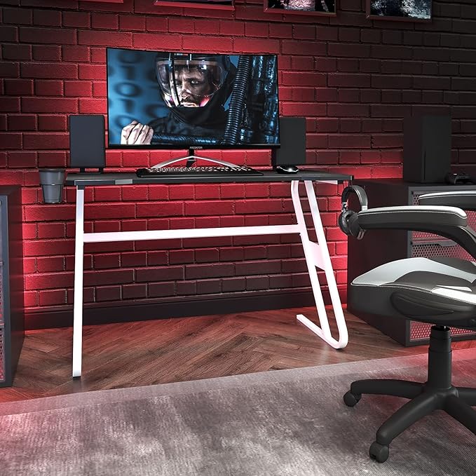 Flash Furniture Fisher Gaming Desk - White Ergonomic Computer Desk - 51.5 Gamers Table with Cup Holder and Headphone Hook