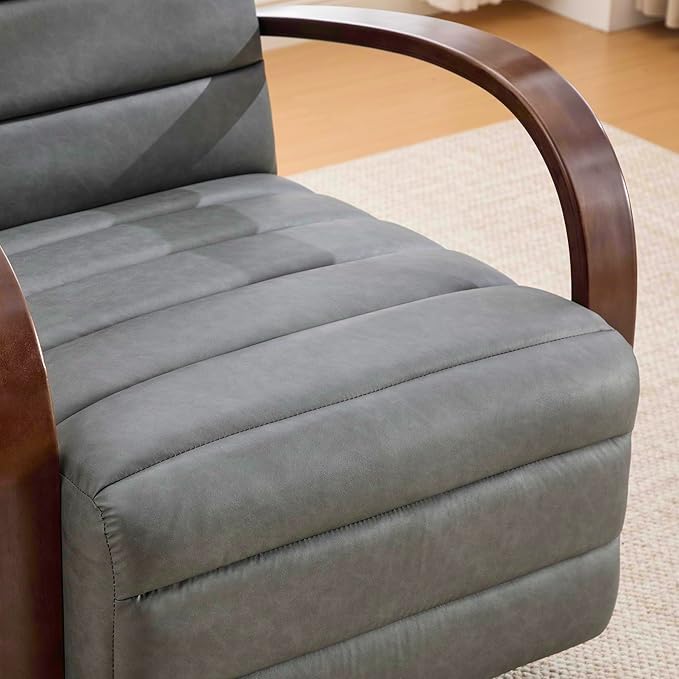 30.3 W Swivel Modern Boucle Upholstered Accent Chair with Solid Wood Armrests Comfy Lounge Reading Chair Side Armchair for Hotel Bedroom Living Room Office Nursery Room (Gray+PU)