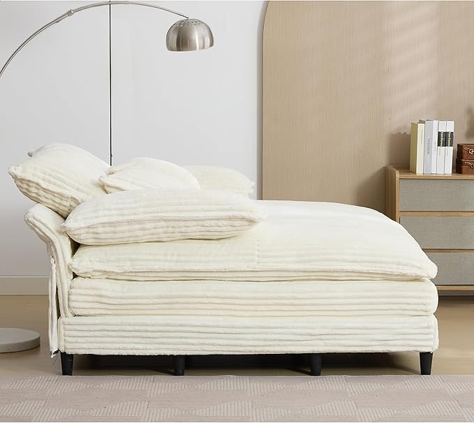 Oversized Chaise Lounge Chair Indoor Comfy Corduroy Sofa Bed Fluffy Cushioned Deep Seat Couch with 3 Pillows Sleeper Sofa for Living Room Beige White