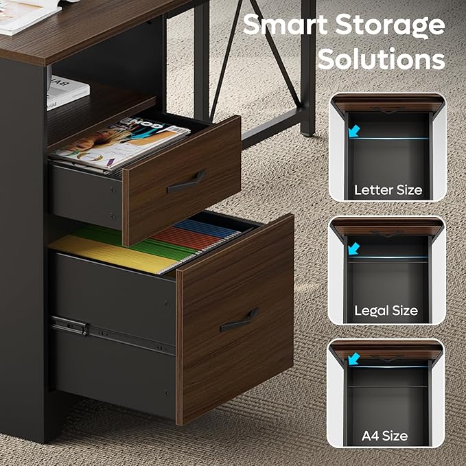 Bestier L Shaped Desk with File Drawers 63 x 47 Office Computer Desk with Storage Cabinet Corner Desk with Monitor Stand &amp Modesty Panel for Home Office Cherry