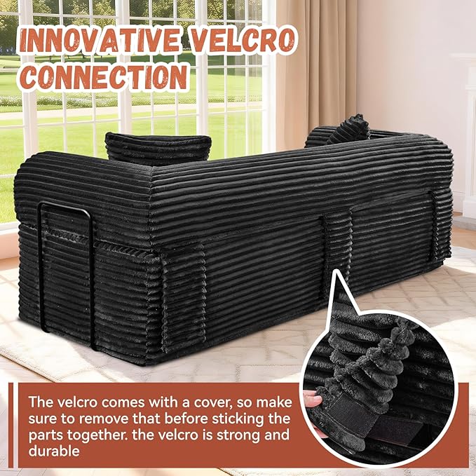 83 inch Cloud Boneless Couch for Living Room 3-Seater Sofa with Fixed-Shape Frame Single Sleeper Corduroy Sofa in A Box No Assembly Required Black
