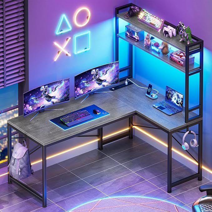 SEDETA L Shaped Computer Desk 45.3” Small Office Desk Corner Compuer Desk with Hutch LED Lights Power Outlet Storage Shelves and Hooks for Home Office Grey