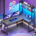 SEDETA L Shaped Computer Desk 45.3” Small Office Desk Corner Compuer Desk with Hutch LED Lights Power Outlet Storage Shelves and Hooks for Home Office Grey