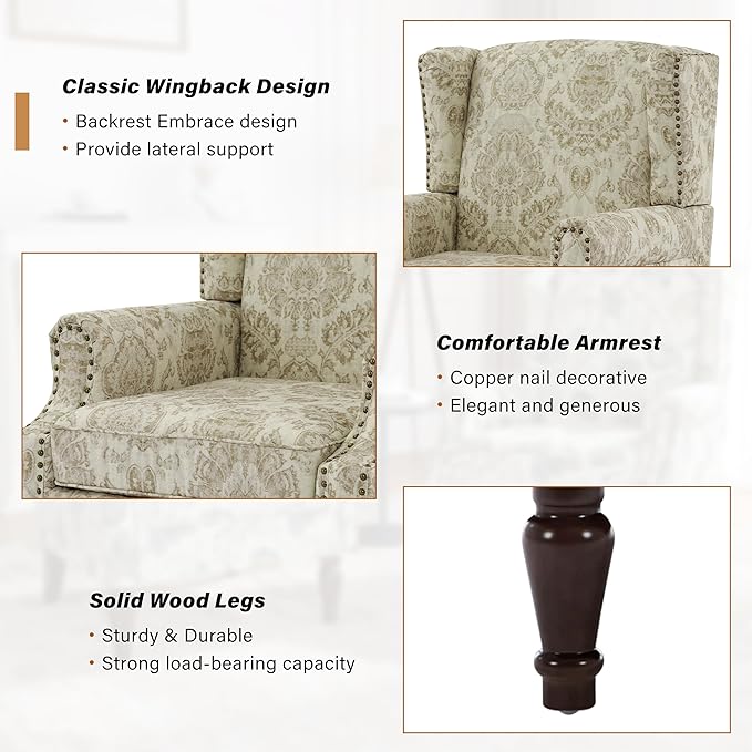 Wingback Accent Chairs Set of 2 High Back Upholstered Armchair Printed Fabric Wingback Arms Chairs with Wood Legs Single Sofa Reading Chair for Bedroom Living Room White