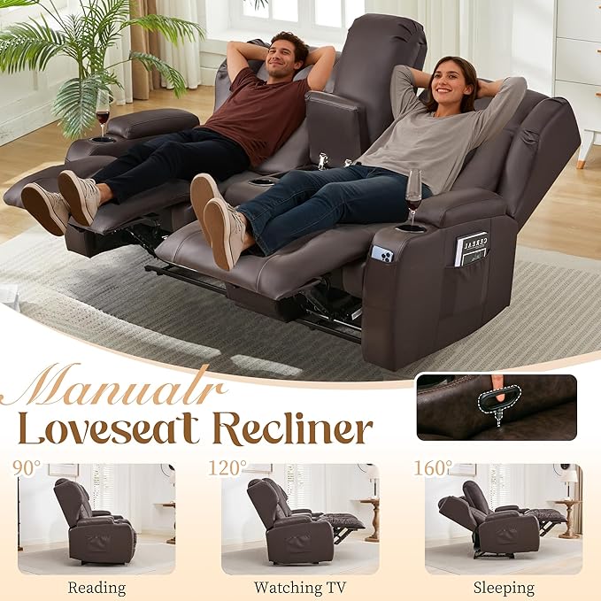 BINGTOO Manual Double Reclining Loveseat Sofa 2-Seater RV Wall Hugger Leather Couch for Living Room &amp Home Theater with Storage Console/Cup Holders/Side Pockets PU Brown