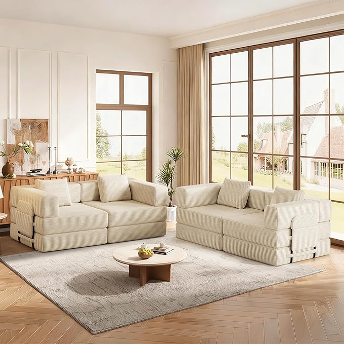 Convertible Sofa Bed 108+108+72.4 Sectional Couch 8-Seater with Storage Pockets Modular Sleeper Couch Corduroy Folding Floor Boneless Lounge Sofa for Living Room Guest Room Beige