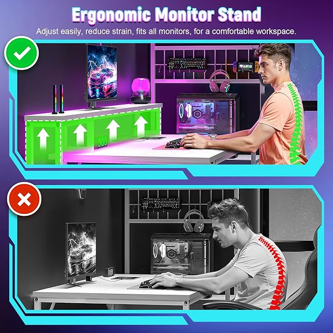 63 Gaming Desk with LED Lights &amp OutletsComputer Desk with Drawers &amp Monitor StandGaming Table with Storage Shelves &amp Printer Space for Game RoomStudy RoomHome OfficeBedroomWhite