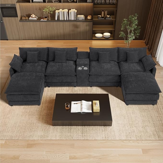145 Oversized Modular Sectional Sofa U Shaped Cloud Couch 6 Seat Sofa Set for Living Room Comfy Chenille Deep Seat with Storage Central Console Movable Ottomans Cup Holders USB Ports Black Grey
