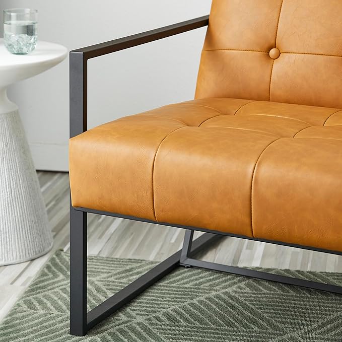 Glitzhome Accent Chairs with Ottoman Mid Century Modern Lounge Armchair with footrest with PU Leather &amp Metal Frame for Living Room Bedroom Apartment Office Light Brown