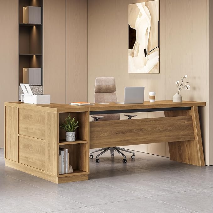 LITTLE TREE 78-Inch L-Shaped Executive Desk Modern Desk with Drawers &amp File Cabinet Large Walnut Office Workstation with Storage Shelves for Home Office