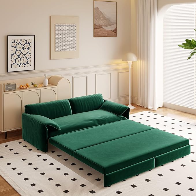 66 Queen Pull Out Sofa Bed 3-in-1 Convertible Sleeper Sofa with Side StorageMulti-Functional Velvet Loveseat Bed for Living RoomBedroomApartmentOffice (Green 66)