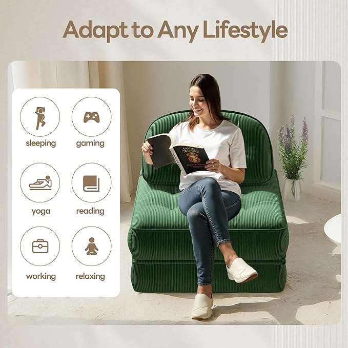 Dowinx Folding Sofa Bed with Pillow Convertible Comfy Couch Bed for Adults Home Lounge and Gaming Modern Comfortable Design for Apartment Living Room Bedroom Single Ribbed Velvet Green