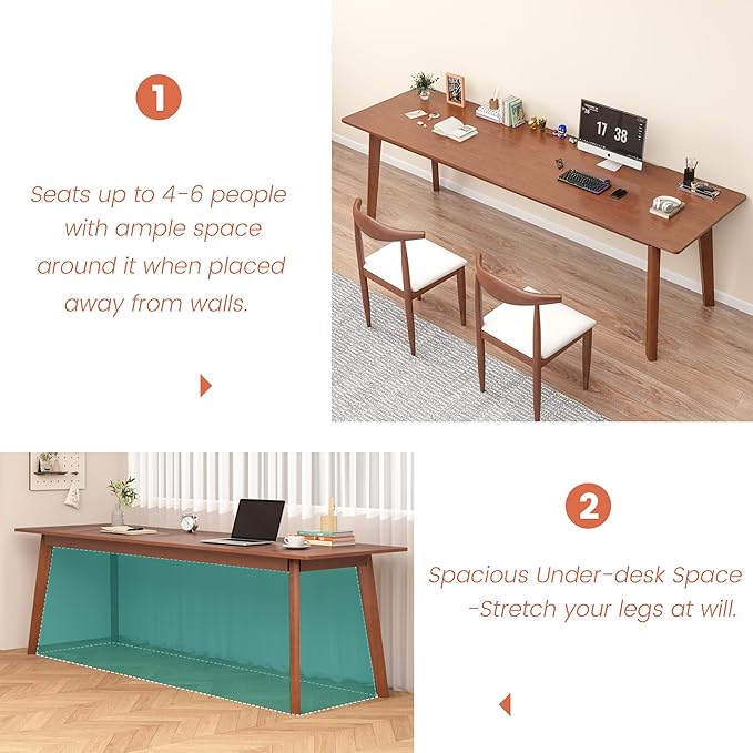 Solid Wood Desk with Large Desktop - 70.9 Mid Century Modern Executive Desks Farmhouse Home Office Computer Desks for Two People Writing Study Table | 2 Person Desk for Any Room-Walnut