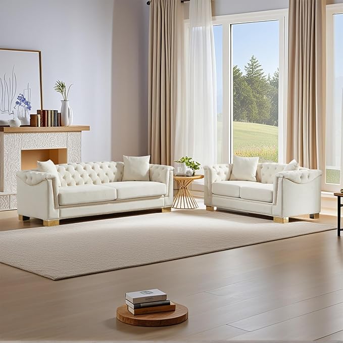 2 Pieces Chesterfield 84 3-Seater + 62 Loveseat Beige Velvet Combination Sofa Sets 4 Cushion Classic 6.5 Rolled Arm Modern Couch Suitable for Living Room