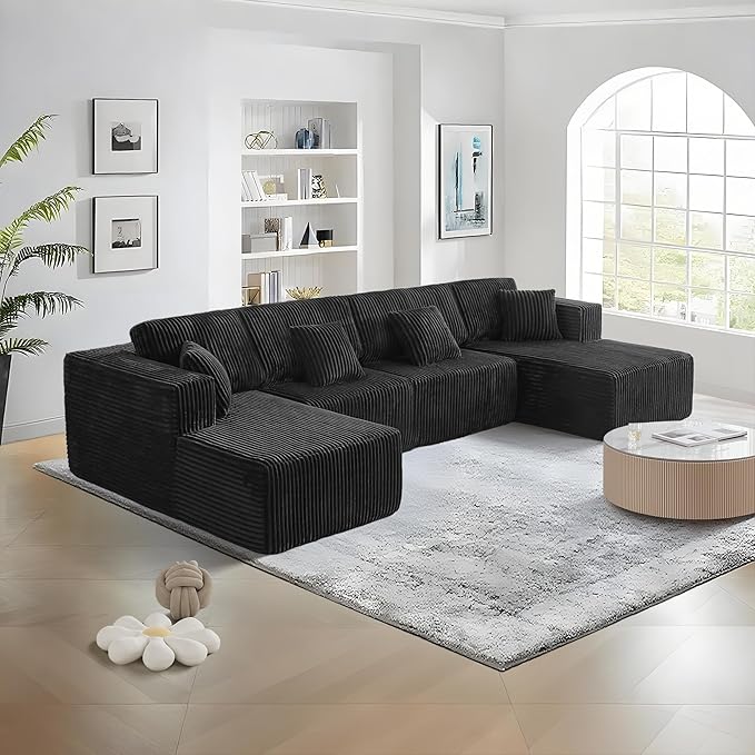 Oversized Modular Sectional Sofa Couch143.3 U Shaped Sofa Flannel Convertible Deep Seat 6 Seater Cloud Sofa for Large Living RoomTool-Free AssemblyBlack