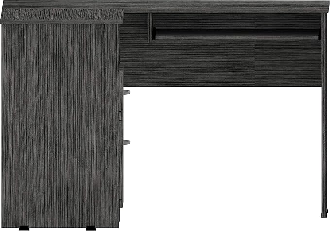 Smokey Oak L-Shaped Desk with 2 Drawers &amp Open Shelf - Home Office Workstation