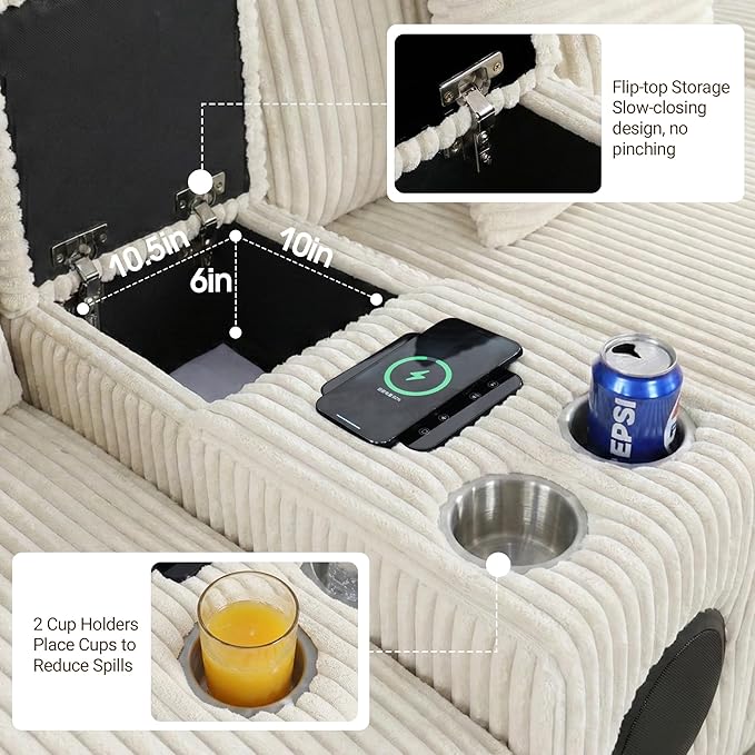 114 Corduroy Sectional Modular Couch with Speakers L Shaped Couches Comfy Deep Sofa with Console USB Charger Cup Holders Storage Ottoman for Living Room (Beige 114in)