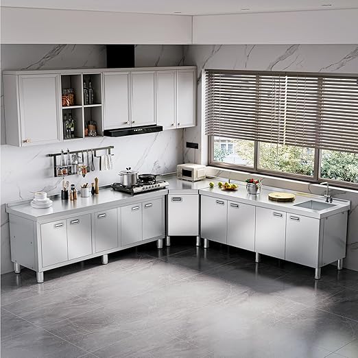 WWK 70 x 21 Stainless Steel Table with Cabinet Commercial Kitchen Table for Prep &amp Work Heavy Duty Work Cabinet with 5 Doors for Outdoor Kitchen Restaurant Hotel Garage and Cafe