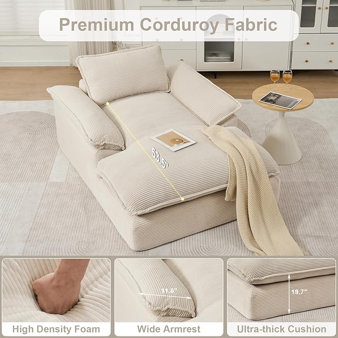 GNIXUU 67 Oversized Chaise Lounge Chair Indoor Corduroy Upholstered Boneless Sleeper Sofa Bed Comfy Large Reading Chair with Wide Armrests Plush Cloud Couch for Living Room BedroomBeige