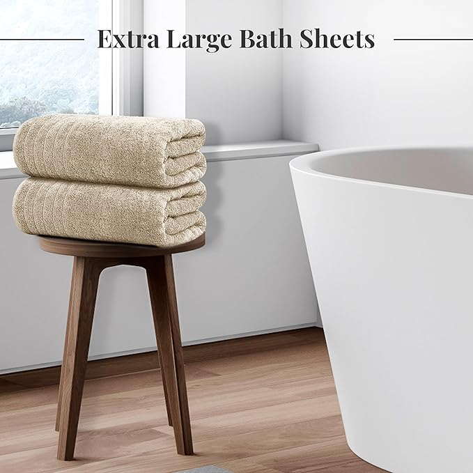 Tens Towels Pack of 2 Extra Large Bath Sheets 35 x 70 Inches 100% Cotton Larger &amp Lighter Weight Quicker to Dry Super Soft &amp Absorbent Oversized Bath Towels Beige
