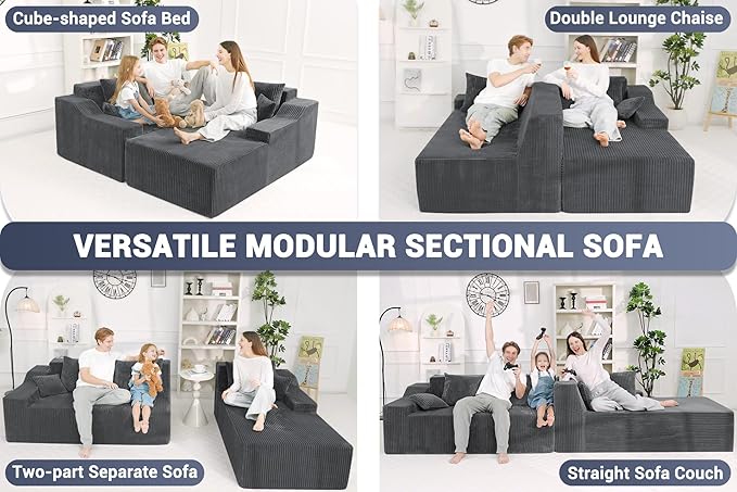 HABUTWAY 101'' Modular Sectional Sofa Cloud Couch with Deep Seat Modern L-Shaped Convertible Couches Upholstered Couch with Chaise for Living Room Bedroom (Grey Right-Facing Chaise)