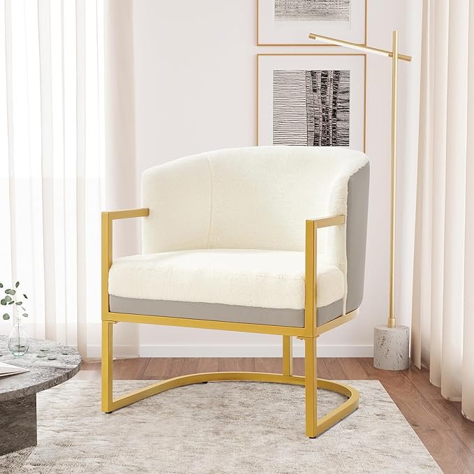 Christopher Knight Home Hailey Modern Accent Chair Faux Rabbit Fur Upholstered Lounge Chair Indoor Curved Backrest Armchair Soft Cushion Seating for Living Room Reading Home Beige + Gold