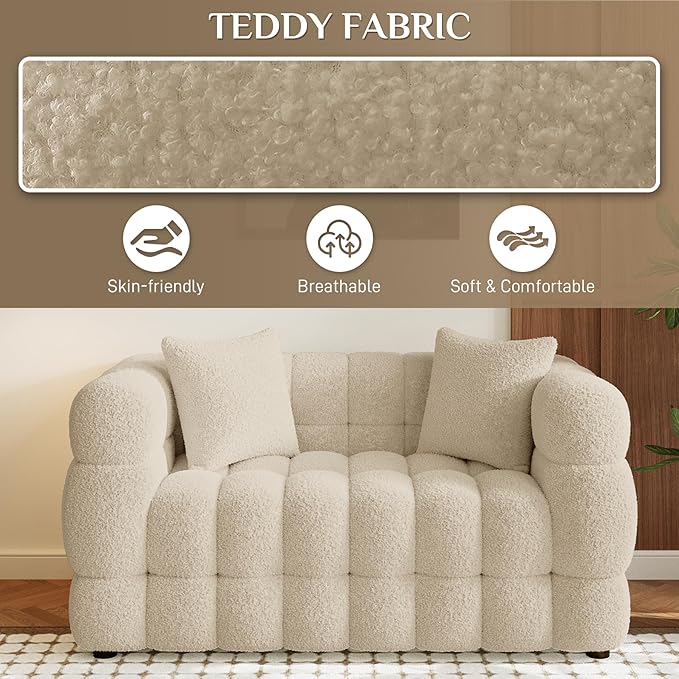 Boucle Sofa Couch 55 Comfy Upholstered Sherpa Loveseat Tufted Cozy 2-Seater Deep Seat Cloud Couch Modern Small Love Seat with 2 Pillows for Living Room Apartment Bedroom Light Brown