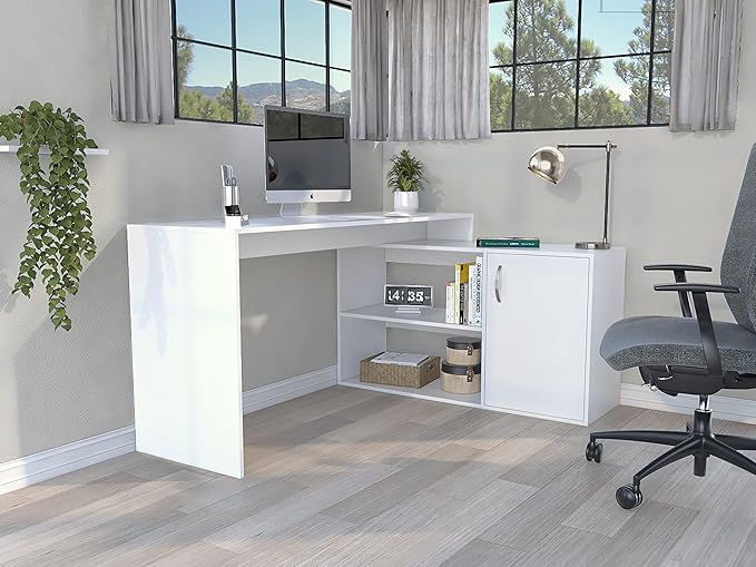Home Office Desk Modern L-Shaped Computer Desk with Open &amp Closed Storage -White