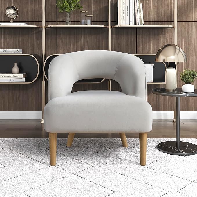 Lexicon Accent Arm Chair Modern Comfy Velvet Accent Chair Open Back with Solid Wood Legs for Living Room/Bedroom/Office/Waiting Room Gray