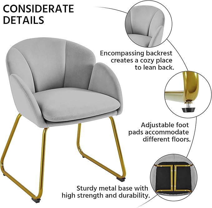 Yaheetech Flower Shape Velvet Vanity Chair Modern Side Chair Armchair with Golden Metal Legs for Living Room/Dressing Room/Bedroom/Home Office/Kitchen Gray