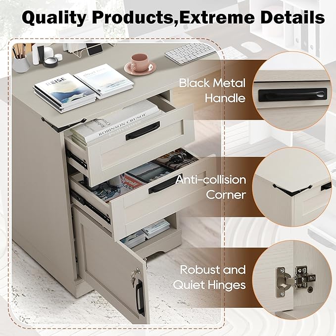 L-Shaped Executive Desk with Power Outlets 60 Wood Home Office Computer Table with 5 Drawers and Locking Adjustable Storage Chest Corner Standing Writing Desks with Metal Handles (Light Gray)