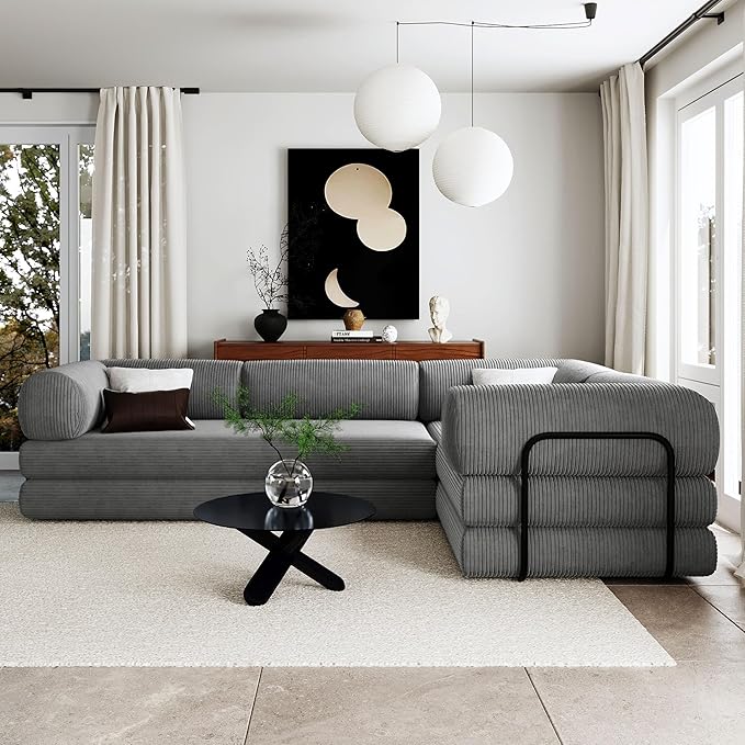 Merax L-Shaped Modular Sofa Bed in Corduroy Fabric Convertible Sleeper Sofa Bed 4 Seat Floor Couch for Living Rooms and Apartments No Assembly Required Gray