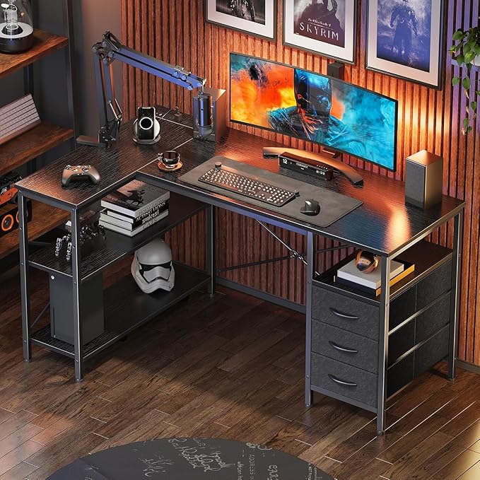Simple Deluxe L Shaped Gaming Desk with Power Outlets 47 Inch Computer Desk with 3 Drawers Shelves Corner Computer Desk for Gaming Corner Work Home Office Study Black