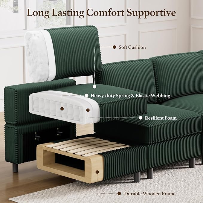 114.2 U-Shaped 6-Seater Convertible Sectional Sofa Corduroy Modular Sleeper with Deep Storage Seat &amp Movable Ottoman Green